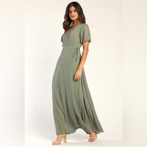Lulus Much Obliged Washed Olive Green Wrap Maxi Dress - Picture 1 of 5